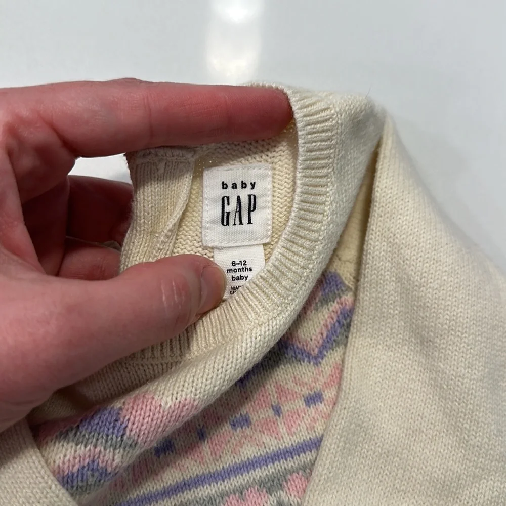Gap baby 100% cotton sweater dress fair isle cream pink purple size 6-12 months